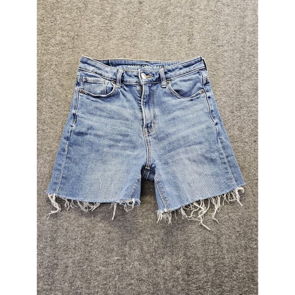 American Eagle Women's Blue Mom Short Cut Off Denim Jean High Rise Shorts Size 0 - Picture 1 of 9